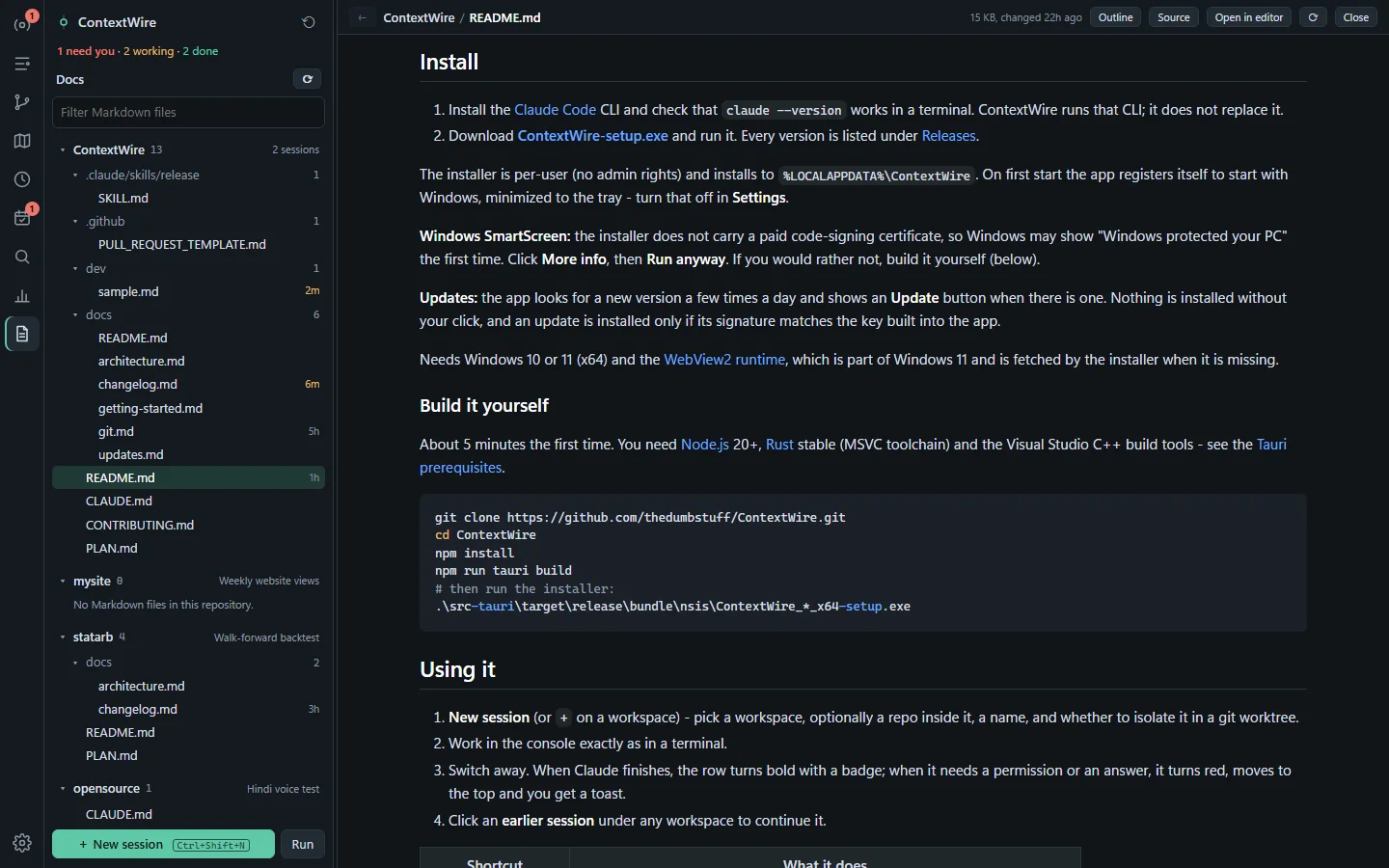 The Docs panel: a tree of Markdown files per repository on the left and a README rendered on the right