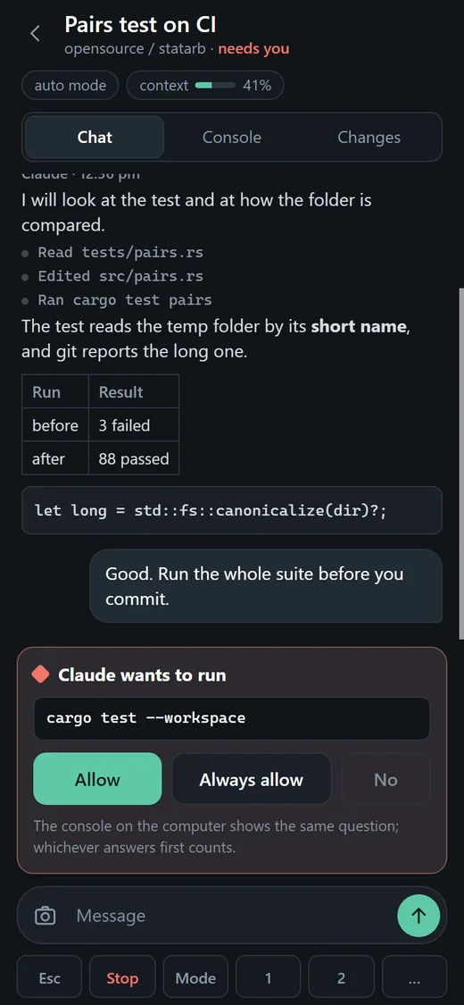 A session on the phone: the conversation, and a card saying Claude wants to run a command, with the buttons Allow, Always allow and No