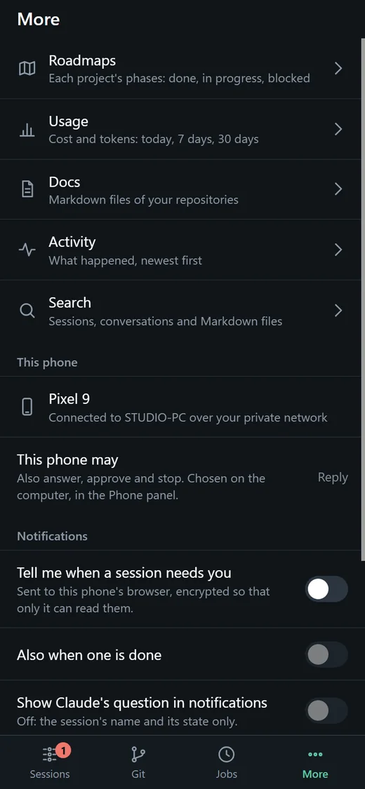 The phone app's More tab: Roadmaps, Usage, Docs, Activity, Search and notifications