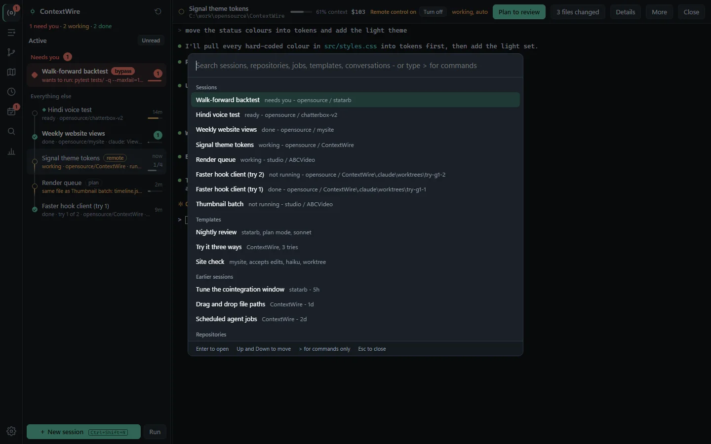 Search Everywhere open over the app, listing sessions, repositories and conversations that match